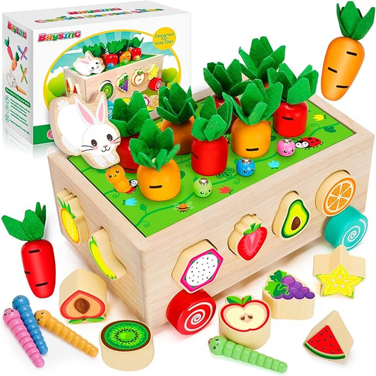 BAYSING Montessori Toys for 2,3,4 Year Old Baby Boys and Girls, Carrots Harvest Game, Wooden Shape Sorting Toys for Toddlers