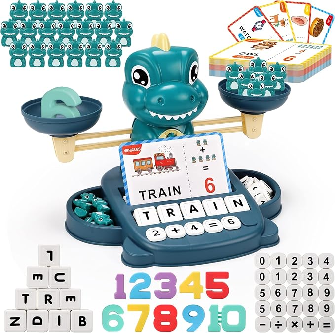 Qizebaby Kids Learning Toy Set for 3 4 5 6 7 8 Year Olds,Dinosaur Balance Counting Math Toy with Matching Letter Spelling Games