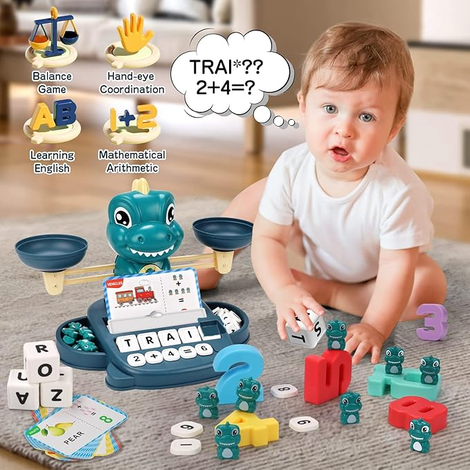 Qizebaby Kids Learning Toy Set for 3 4 5 6 7 8 Year Olds,Dinosaur Balance Counting Math Toy with Matching Letter Spelling Games