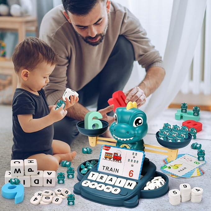 Qizebaby Kids Learning Toy Set for 3 4 5 6 7 8 Year Olds,Dinosaur Balance Counting Math Toy with Matching Letter Spelling Games