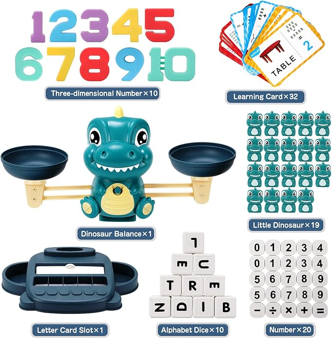 Qizebaby Kids Learning Toy Set for 3 4 5 6 7 8 Year Olds,Dinosaur Balance Counting Math Toy with Matching Letter Spelling Games