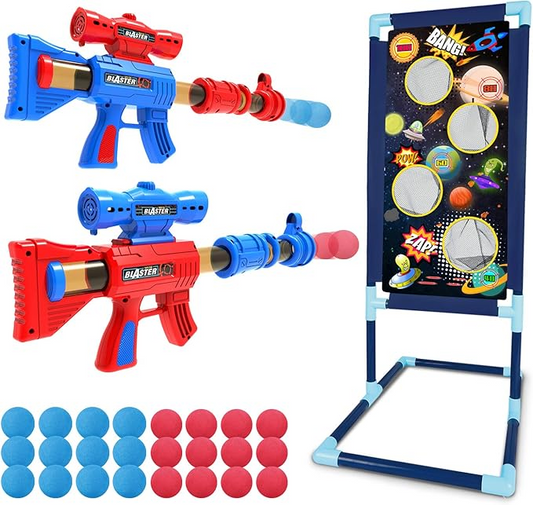 LURLIN Shooting Game Toy for Age 6, 7, 8,9,10+ Years Old Kids, Boys - 2pk Foam Ball Popper Air Guns & Shooting Target & 24 Foam Balls