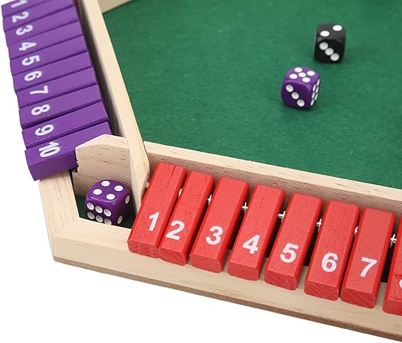 1-6 Players Shut The Box Dice Game, 6 Color Sided Wooden Board Table Math Game with 12 Dice